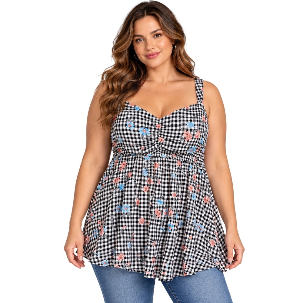 Torrid Women Plus Size 1 Gingham Floral Babydoll Cami Top